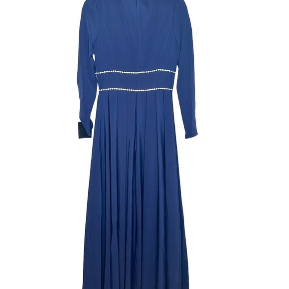 NWT Mac Duggal Size 4 Navy Empire Waist Long Sleeve Pleated Gown - Picture 6 of 10